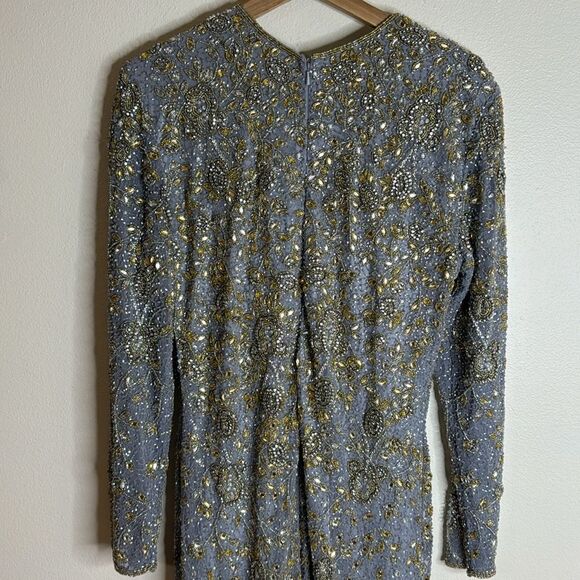 Mac Duggal 5308 Elegant platinum long-sleeved evening gown adorned beading 14 - Picture 9 of 14